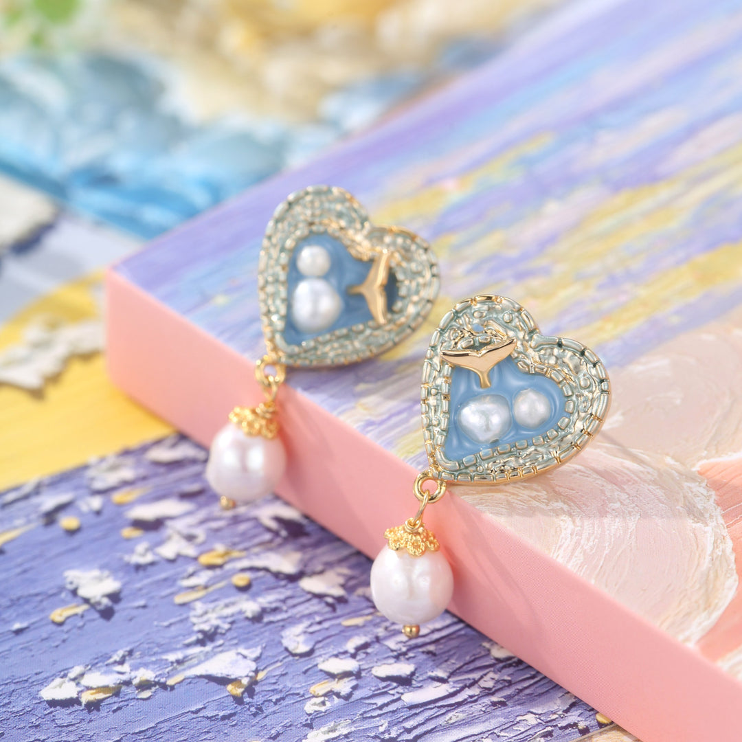 Mermaid Tail Heart Earrings with Pearl