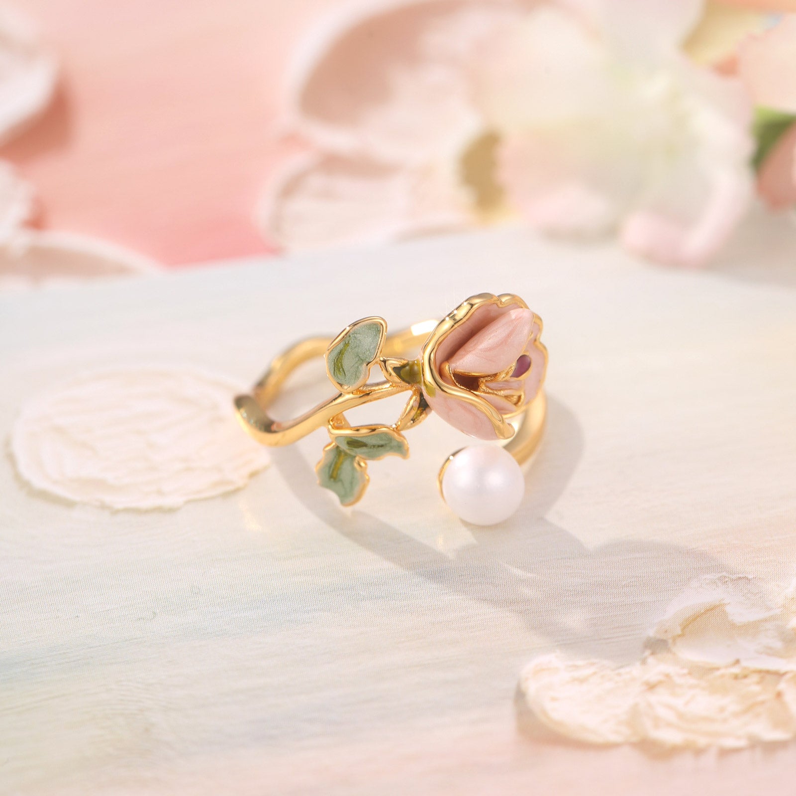 Flower Enamel Ring | Enamel Rose Flower Adjustable Ring With Pearl ...