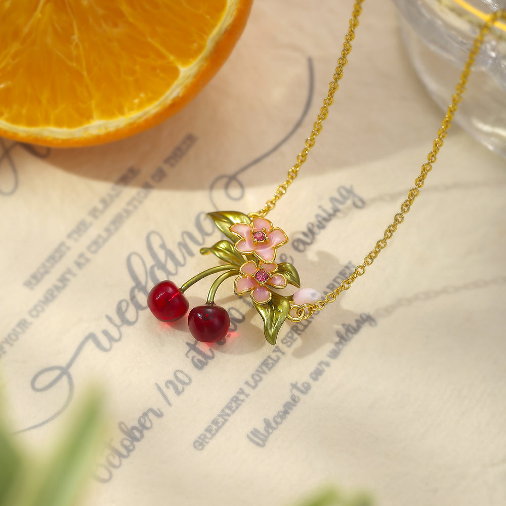 Gold Cherry Necklace Glass Jewelry