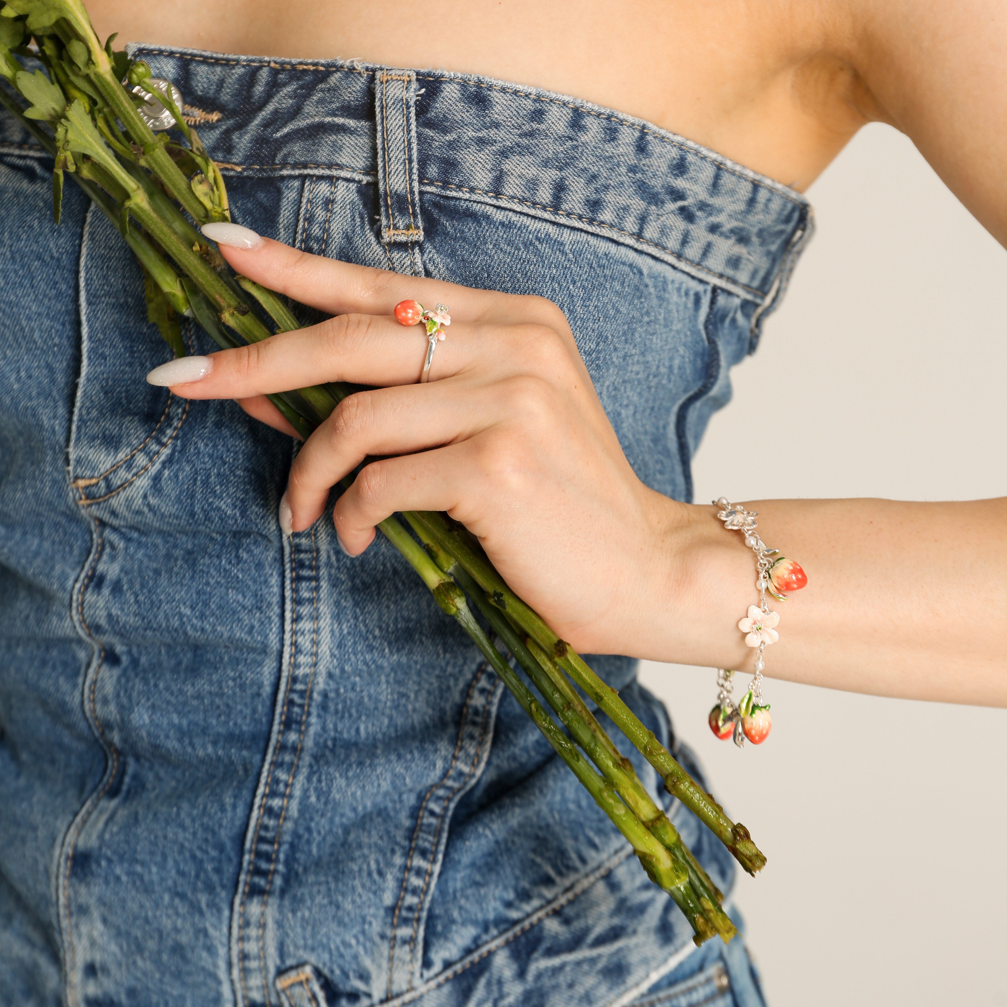 Strawberry Enamel Flower Silver Bracelet
