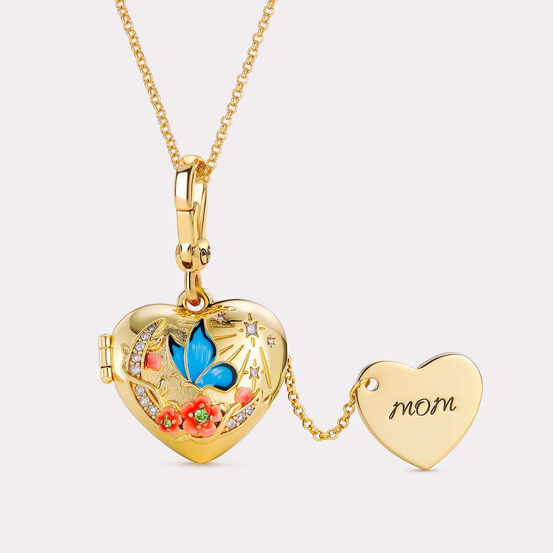 Selenichast Butterfly Moon Heart Locket Necklace 18K Gold Jewelry