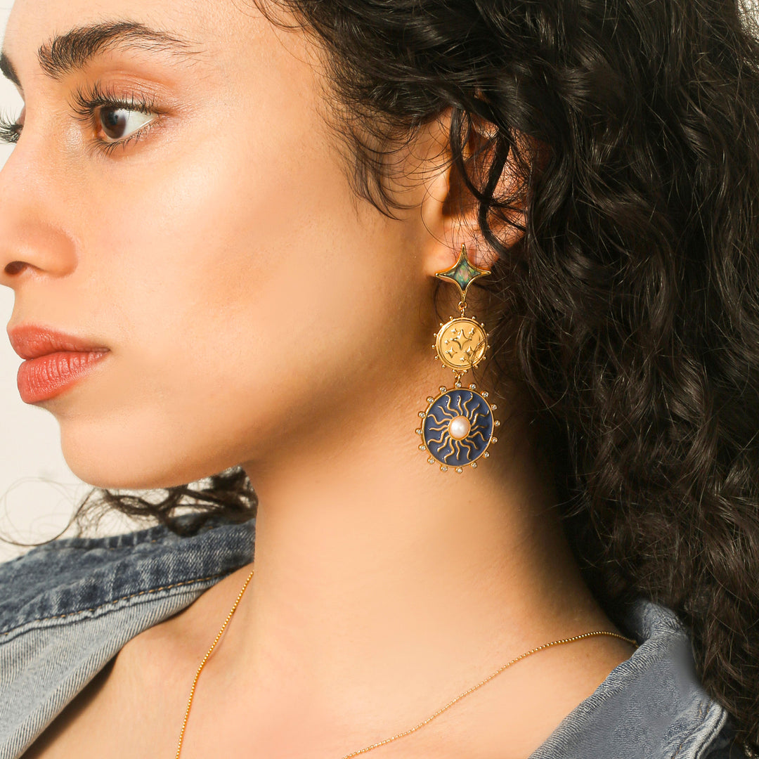 Blue Celestial Disc Earrings