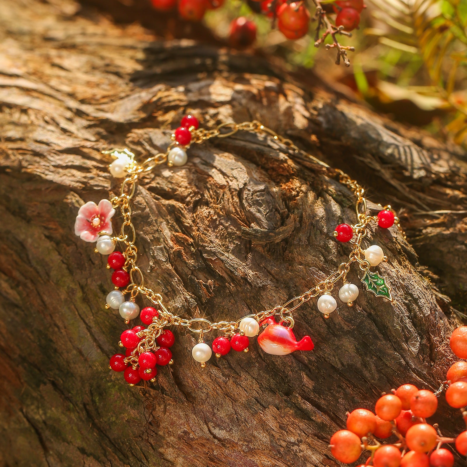 Cranberry & Cardinals Charm Bracelet