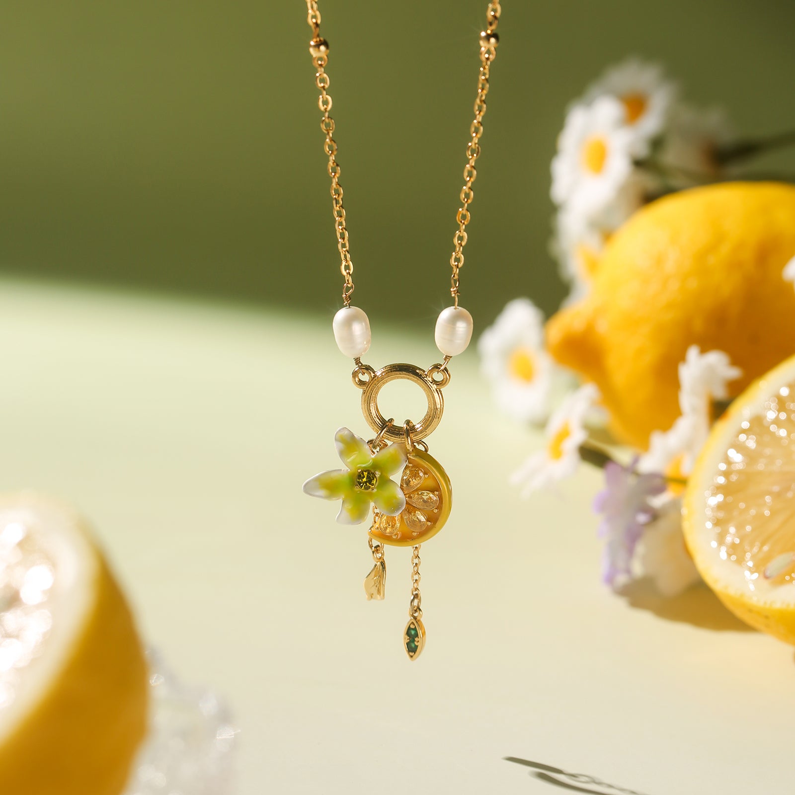 Lemon Quartz Necklace | Lemon And Flower Necklace | Lemon Slice