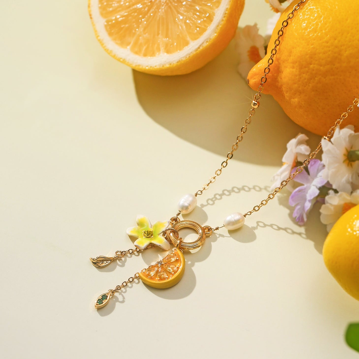 Lemon Quartz Necklace | Lemon And Flower Necklace | Lemon Slice