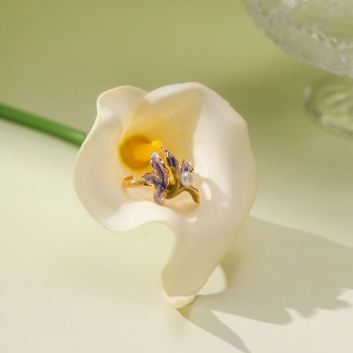 Dainty Iris Flower Pearl Ring
