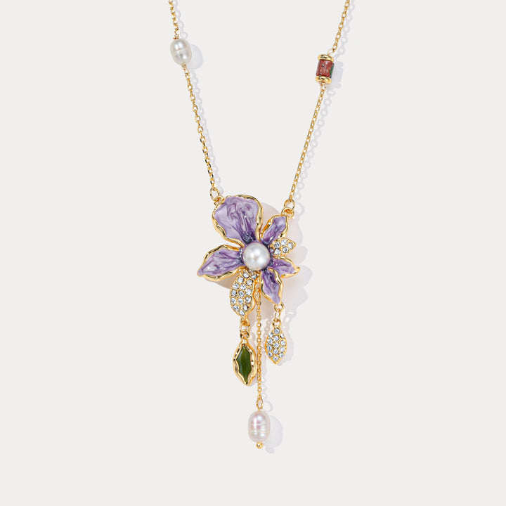 Purple Iris Flower Pearl Necklace