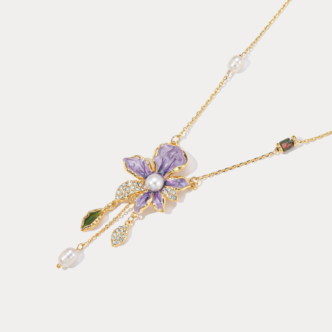 Purple Iris Flower Pearl Necklace