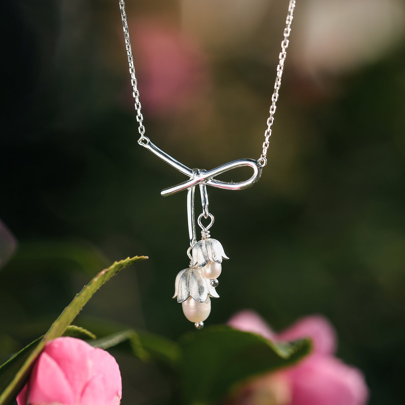 Silver Lily Of The Valley Bow Necklace