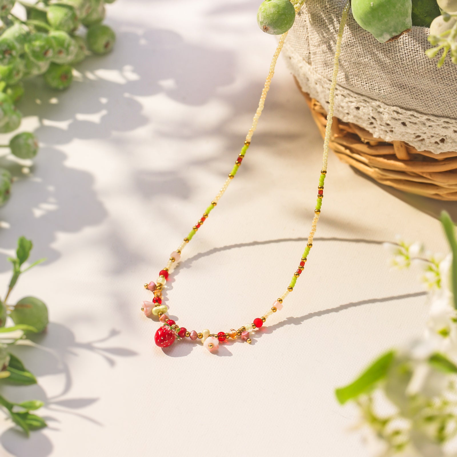 Czech Bead Strawberry Charm Necklace