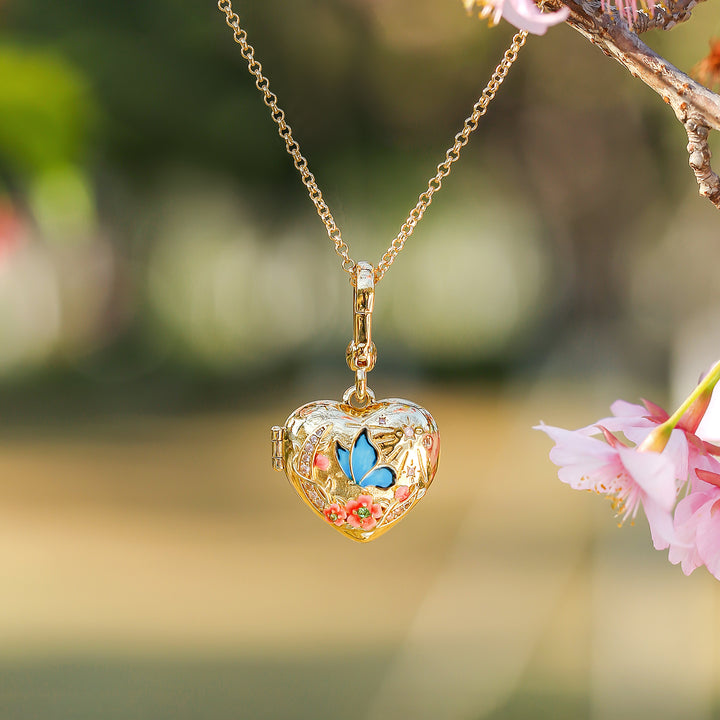 Selenichast Butterfly Moon Heart Locket Necklace 18K Gold Necklace