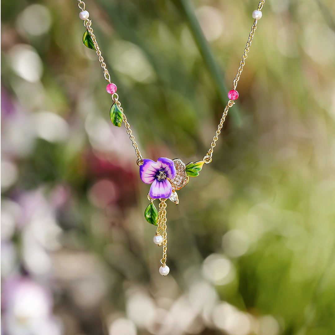 Enamel Purple Pansy Necklace Spring Gift for Women