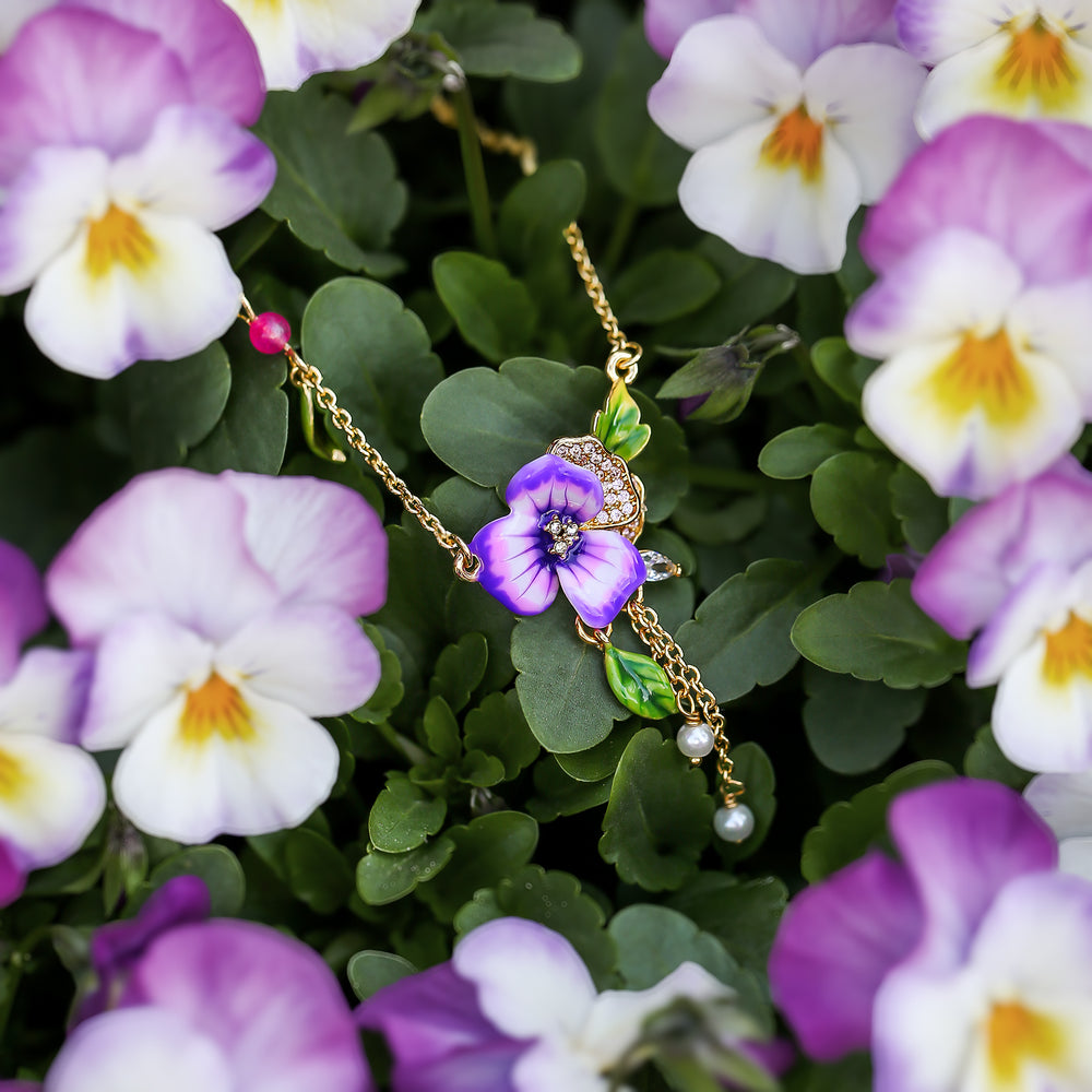 Enamel Purple Pansy Necklace Spring Gift for Her