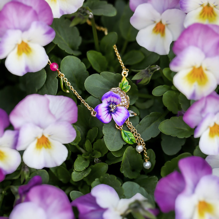 Enamel Purple Pansy Necklace Spring Gift for Her