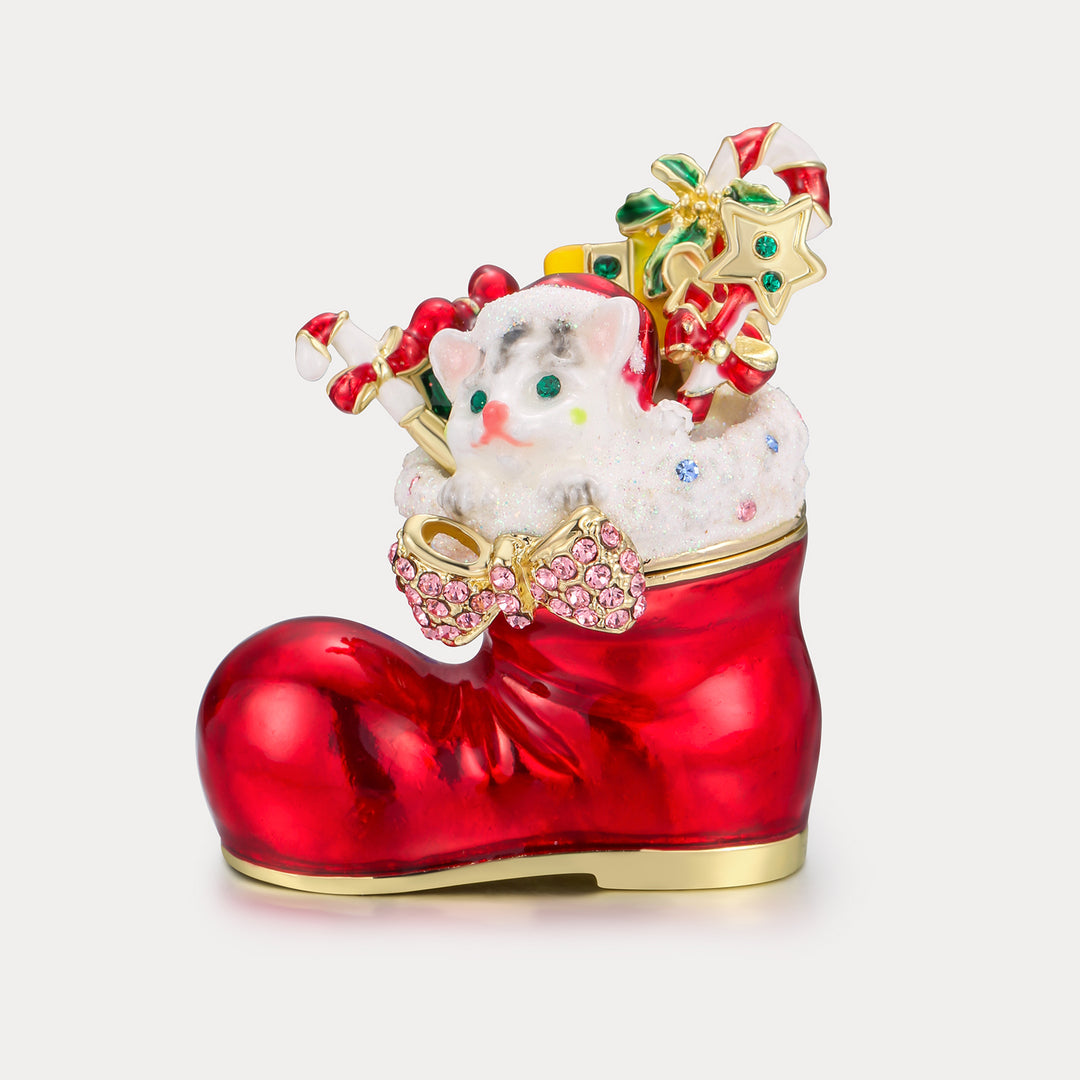 Santa's Christmas Boot & Cat Jeweled Trinket Box