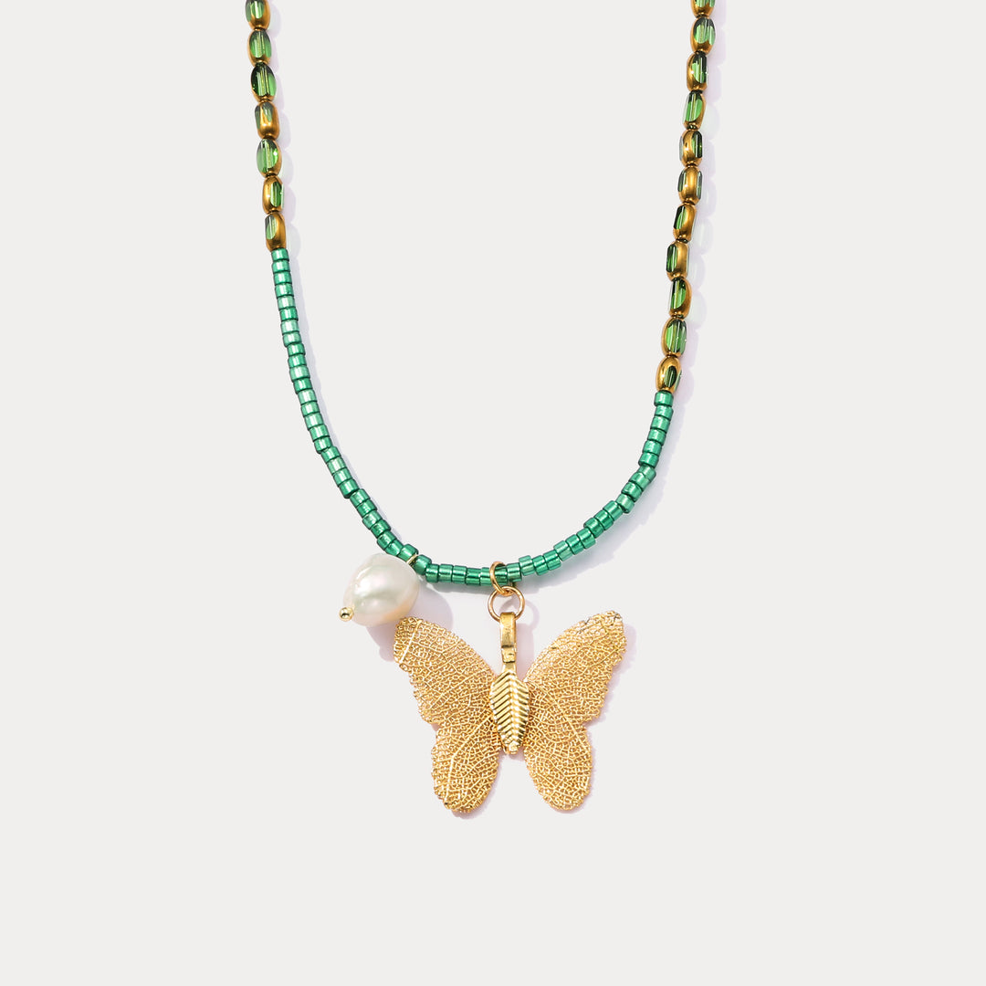 Selenichast Vintage Gold Butterfly Bead Necklace
