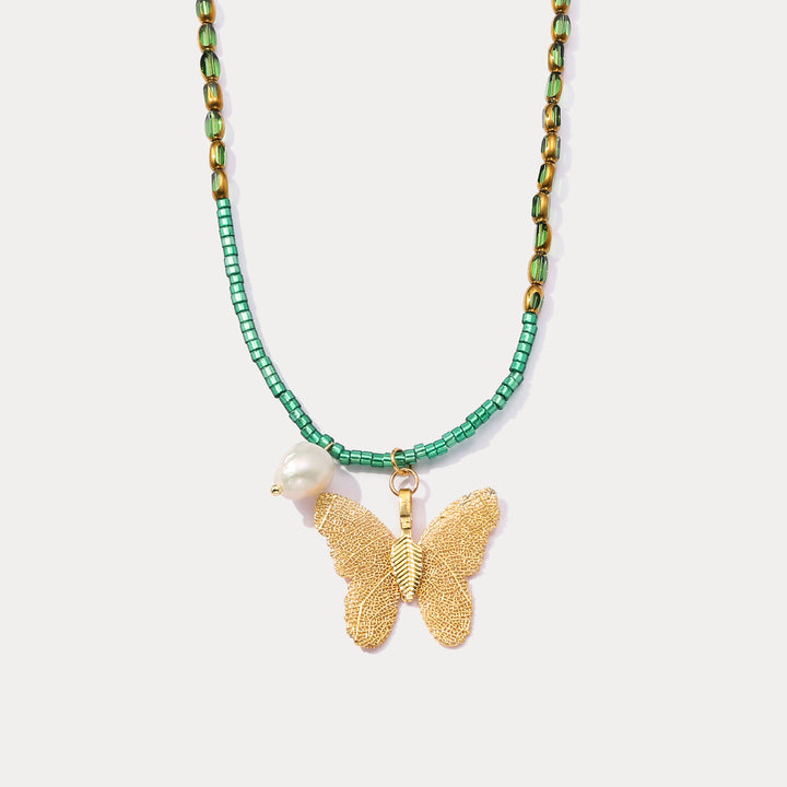 Selenichast Vintage Gold Butterfly Bead Necklace