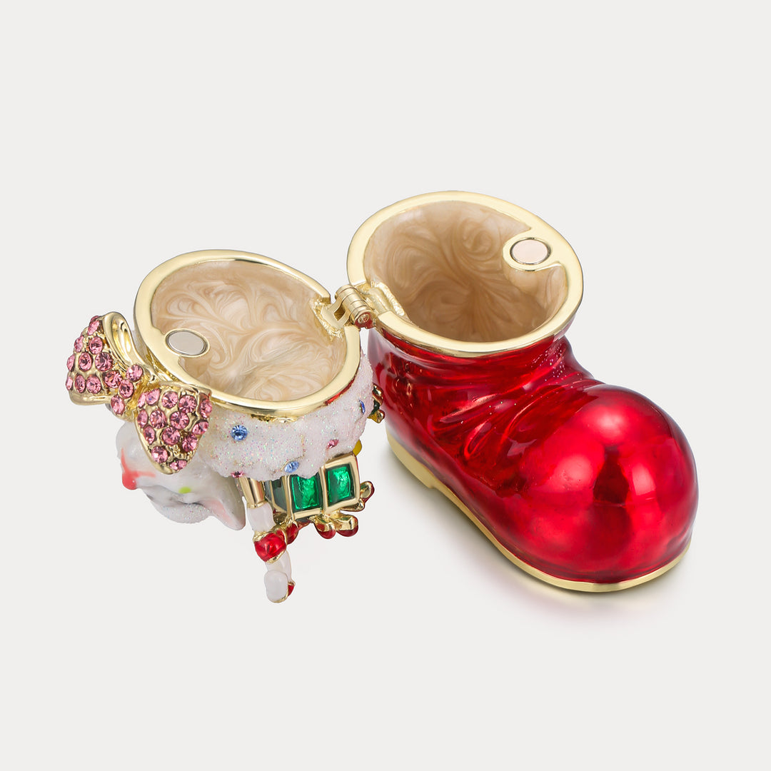 Santa's Christmas Boot & Cat Jeweled Trinket Box