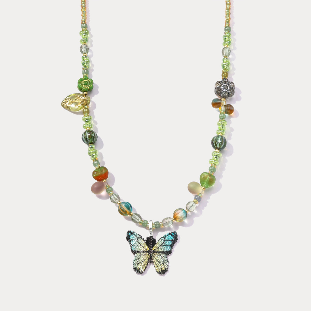 Selenichast Czech Bead Green Butterfly Necklace