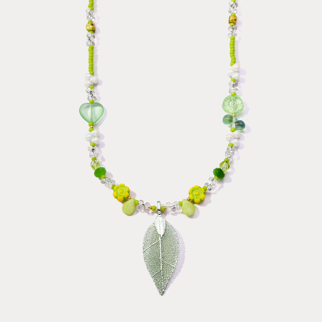 Selenichast Green Leaf Bead Necklace