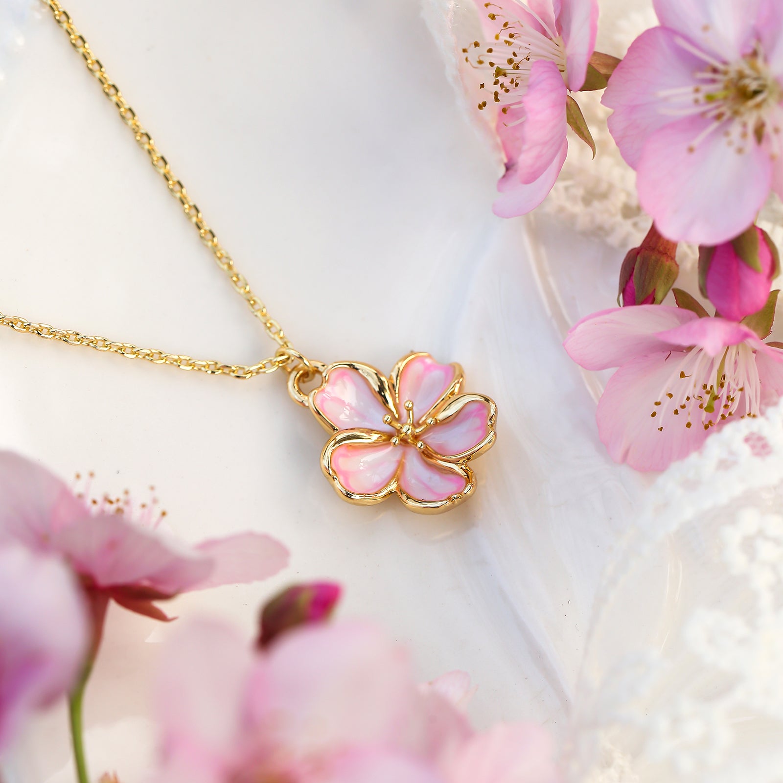 Selenichast Enamel Gold Sakura Pendant Necklace Flower Jewelry