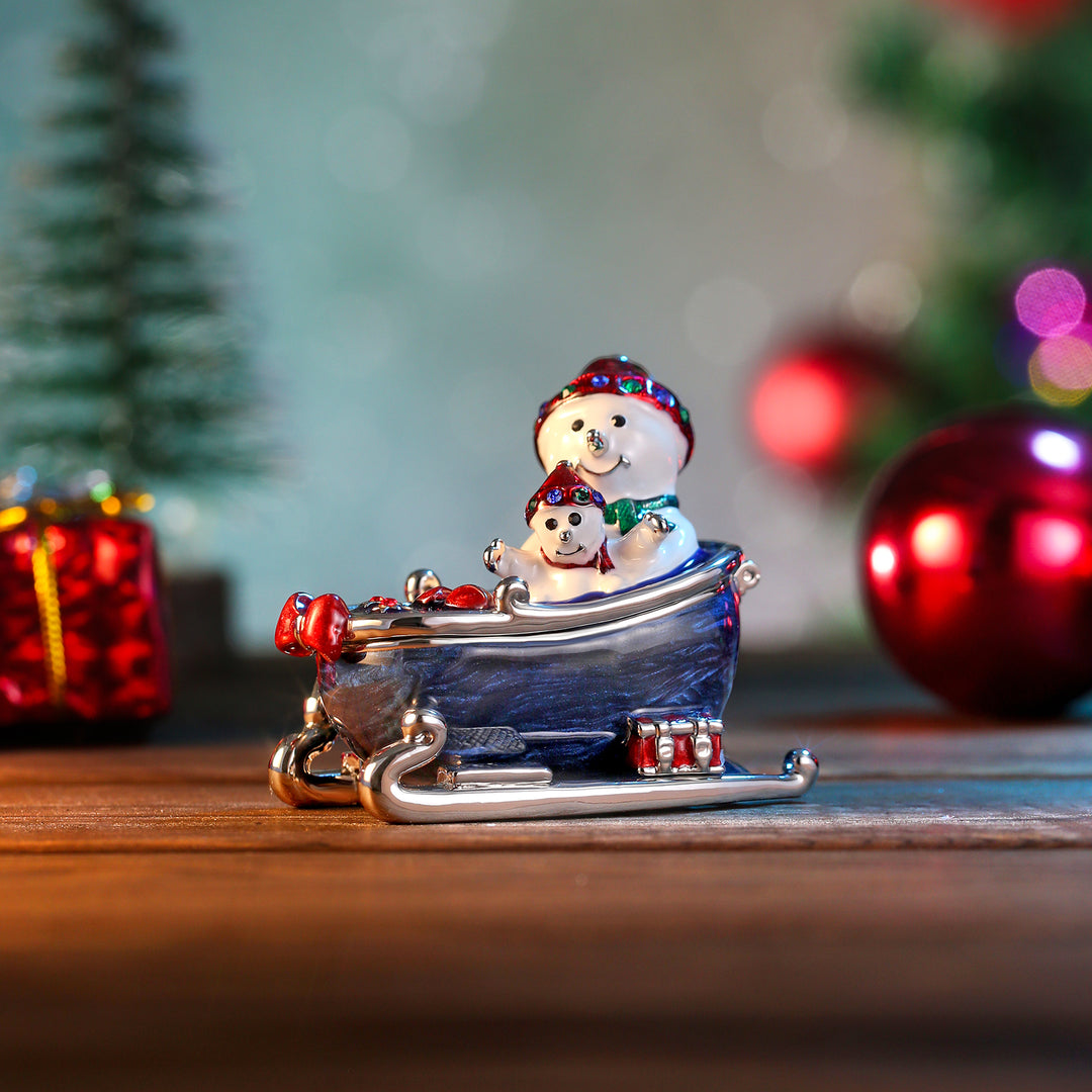 Snowmen on Sled Jeweled Trinket Box