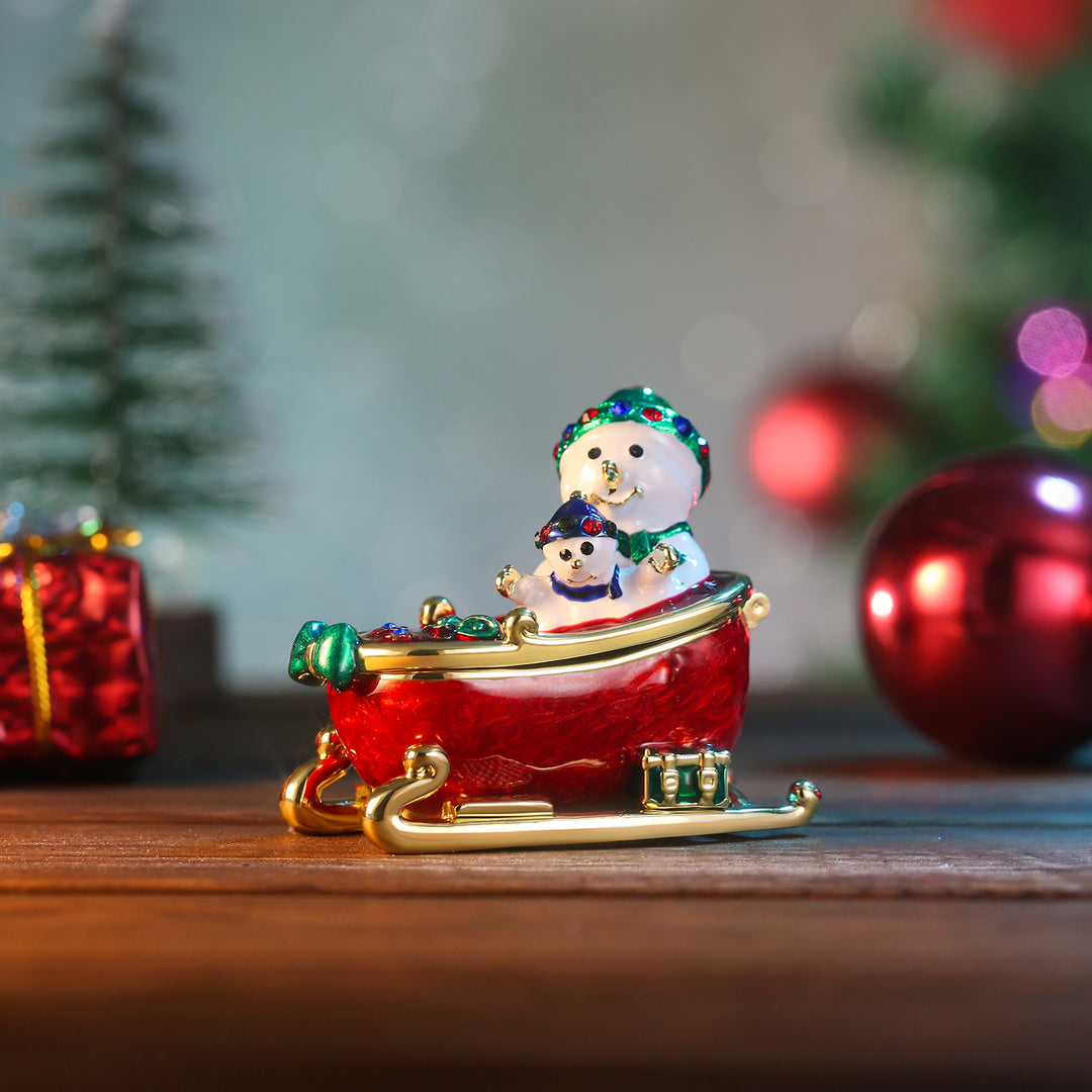 Snowmen on Sled Jeweled Trinket Box