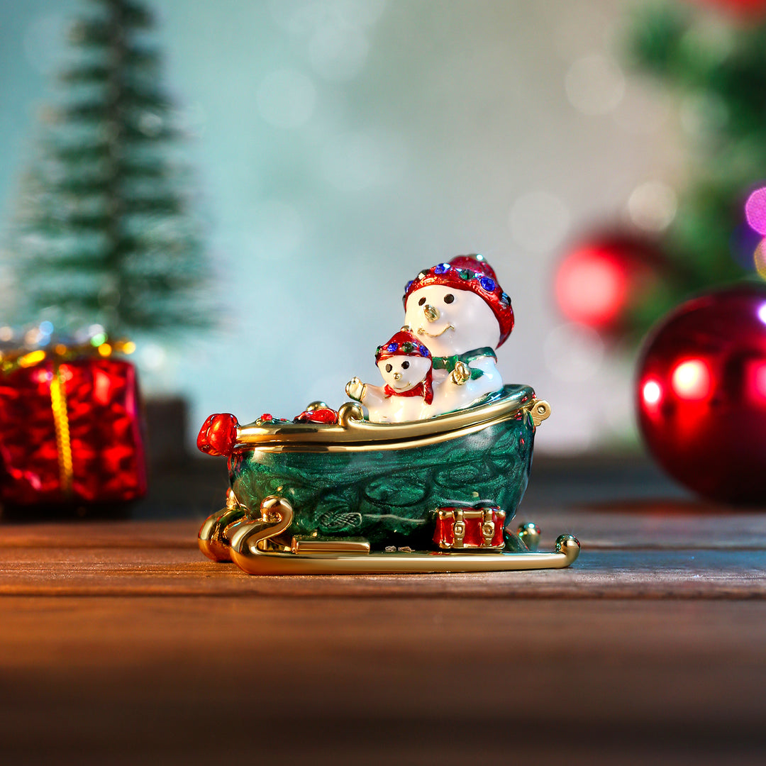 Snowmen on Sled Jeweled Trinket Box