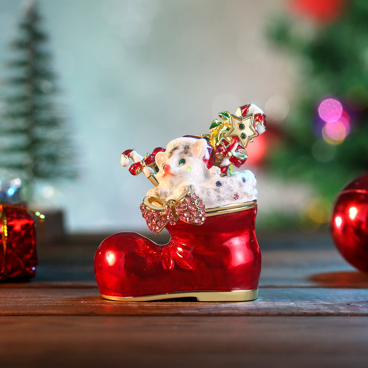 Santa's Christmas Boot & Cat Jeweled Trinket Box