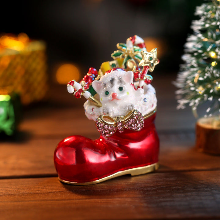 Santa's Christmas Boot & Cat Jeweled Trinket Box