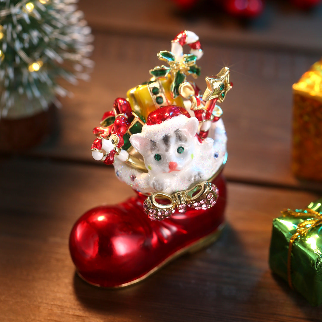 Santa's Christmas Boot & Cat Jeweled Trinket Box