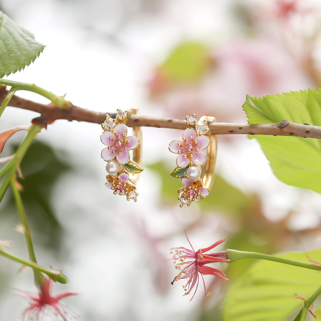 Sakura Flower Enamel Hoop Earrings