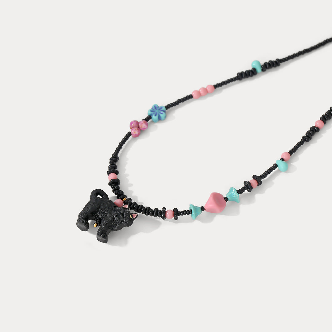 Black Cat Beaded Necklace Summer Jewelry
