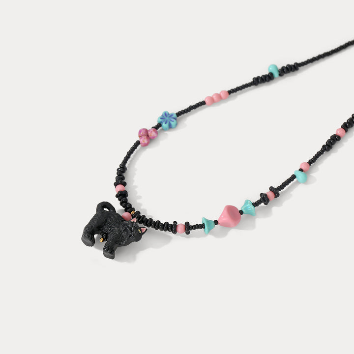 Black Cat Beaded Necklace Summer Jewelry