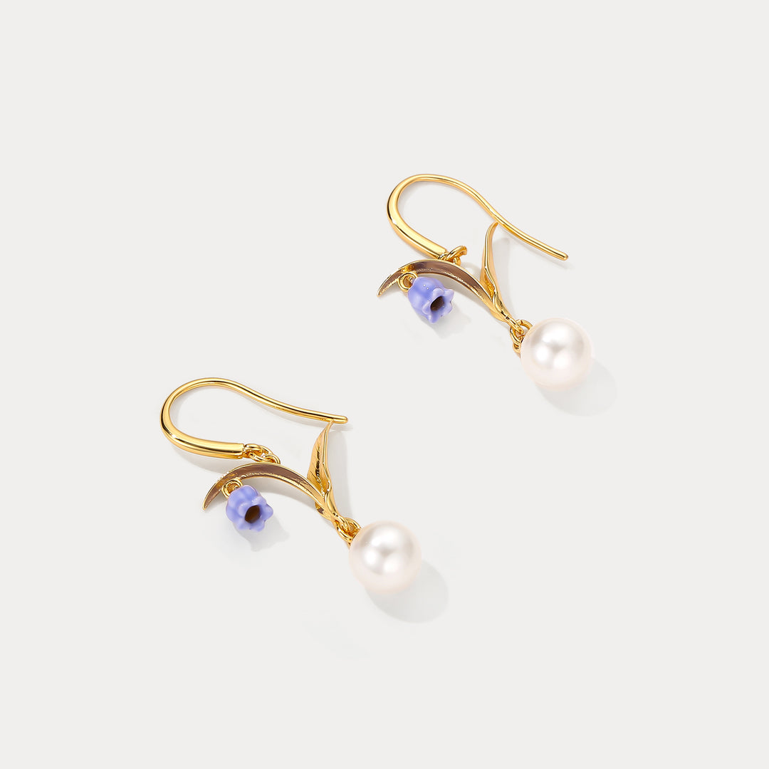 Enamel Lily of The Valley Pearl Earrings