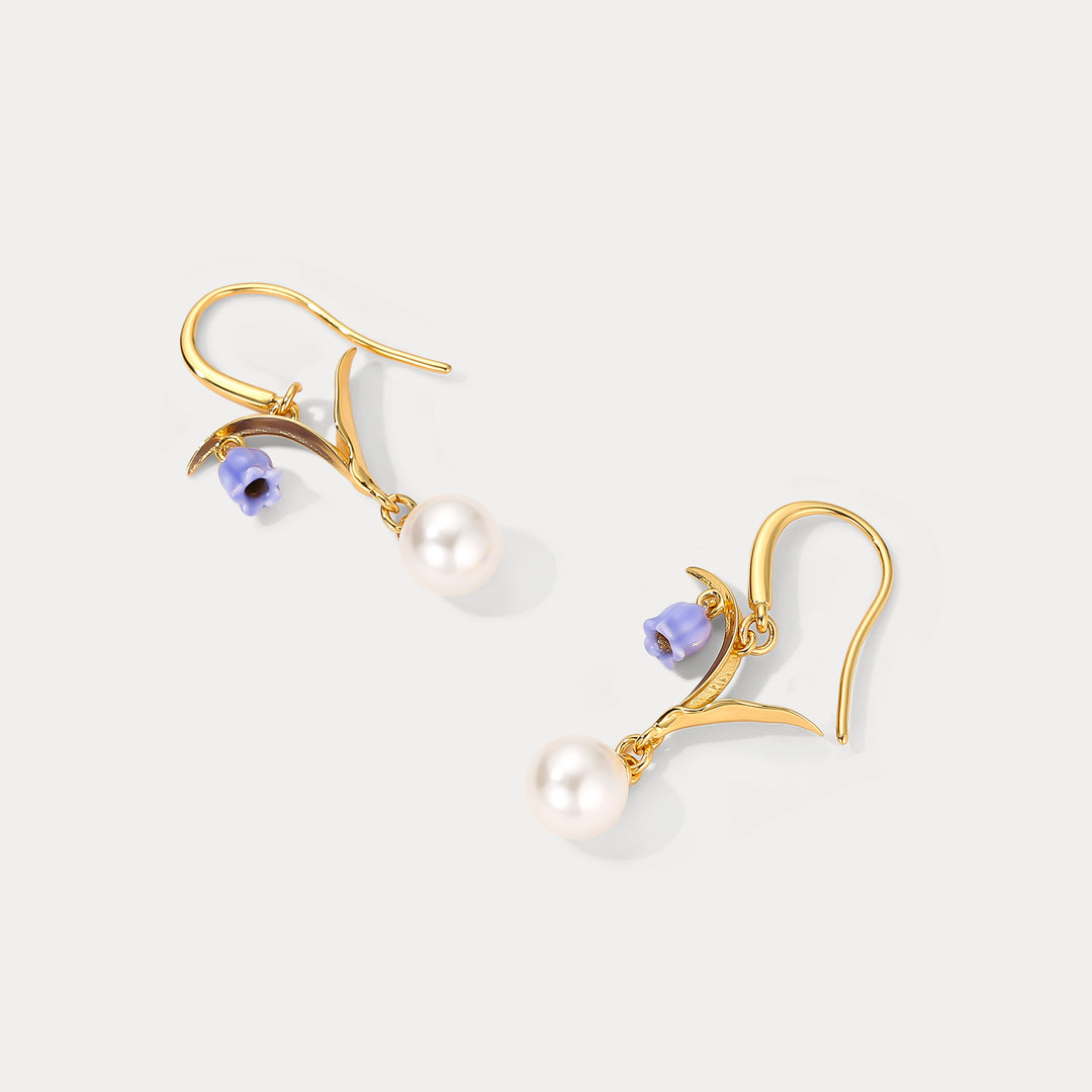 Enamel Lily of The Valley Pearl Earrings
