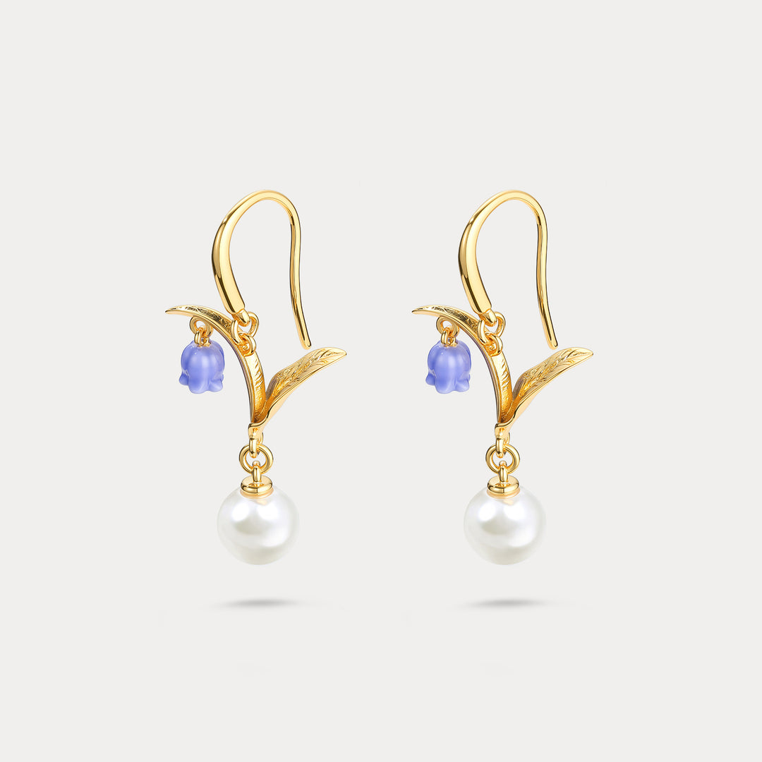 Enamel Lily of The Valley Pearl Earrings