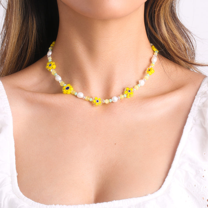 Pearl Yellow Flower Beaded Necklace