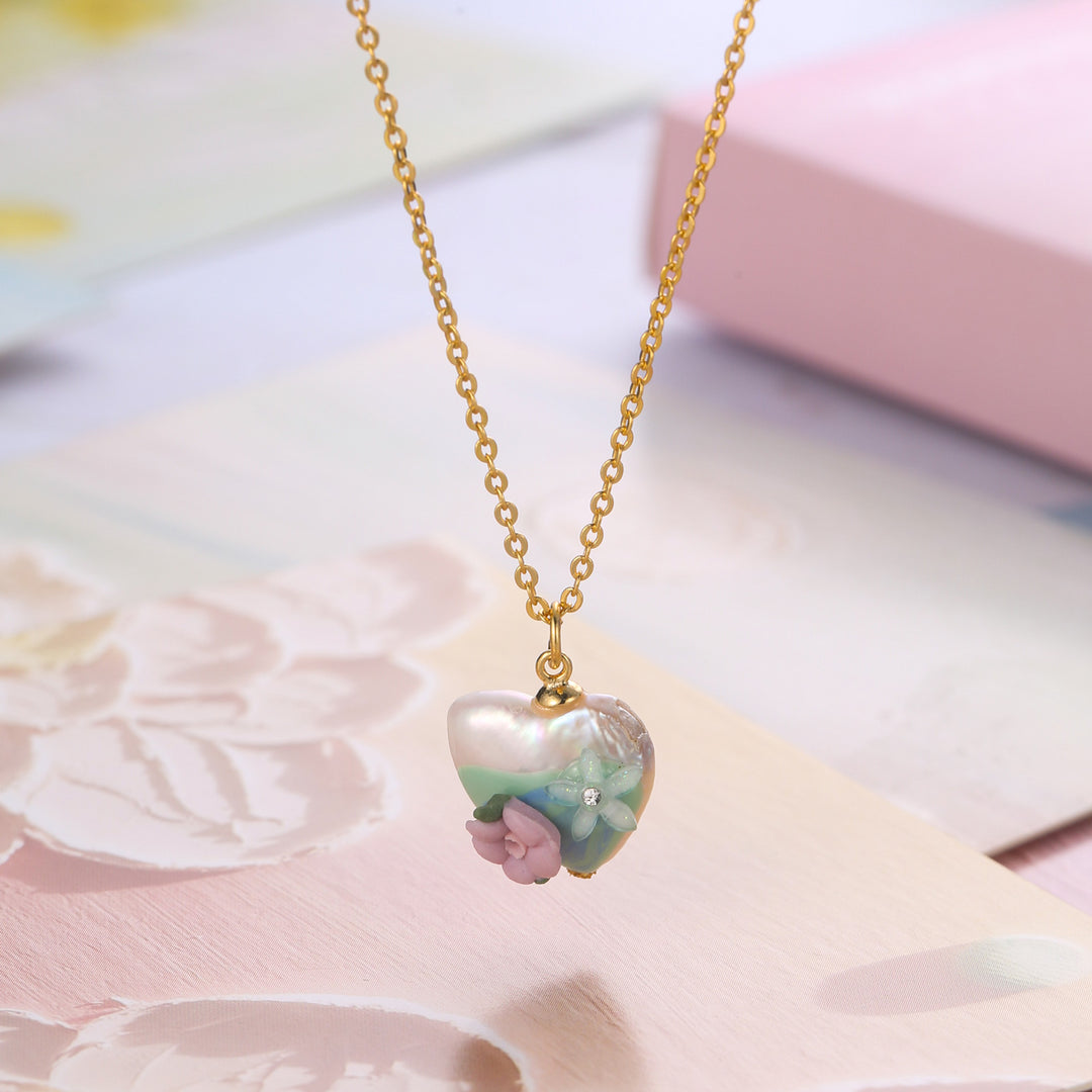 Flower Heart Pearl Necklace