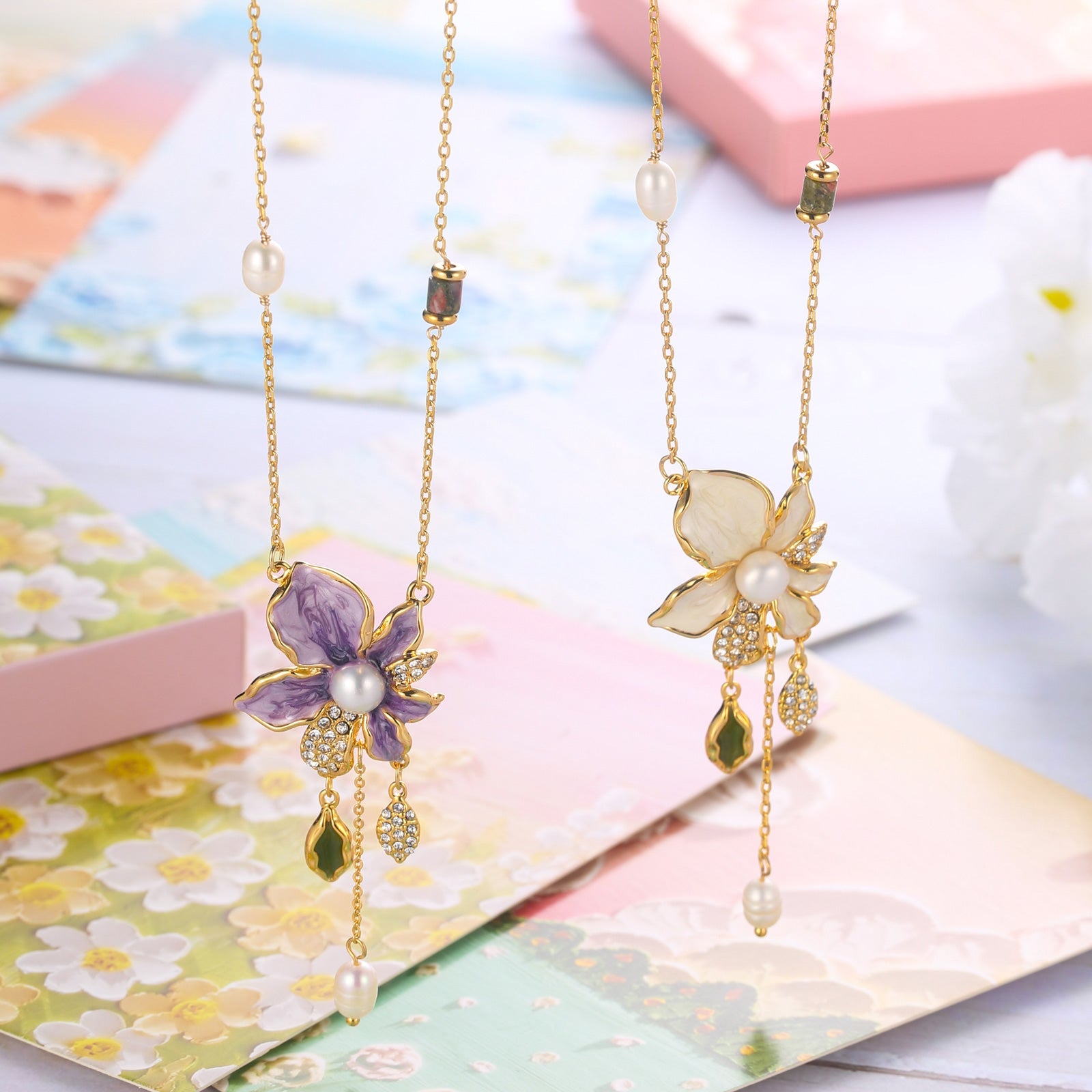 Purple Iris Flower Pearl Necklace | Enamel Iris Floral Necklace ...