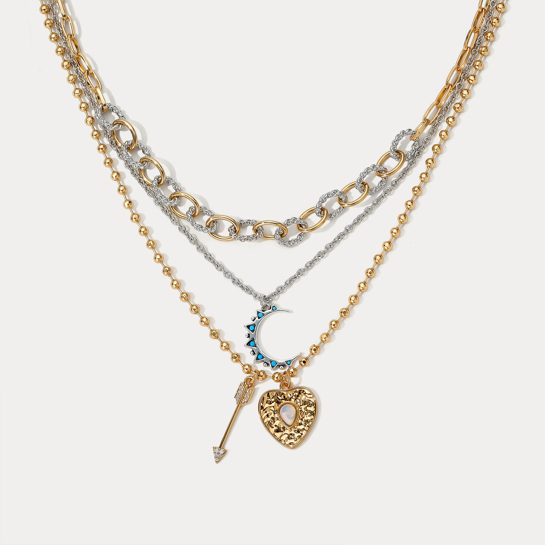 Moon and Heart Layered Necklace Selenichast 
