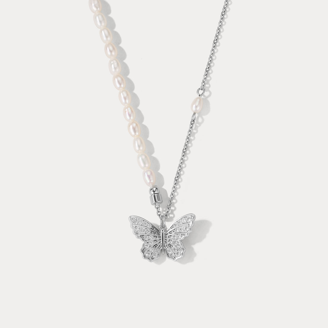 Selenichast Silver Butterfly Pearl Necklace