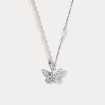 Selenichast Silver Butterfly Pearl Necklace