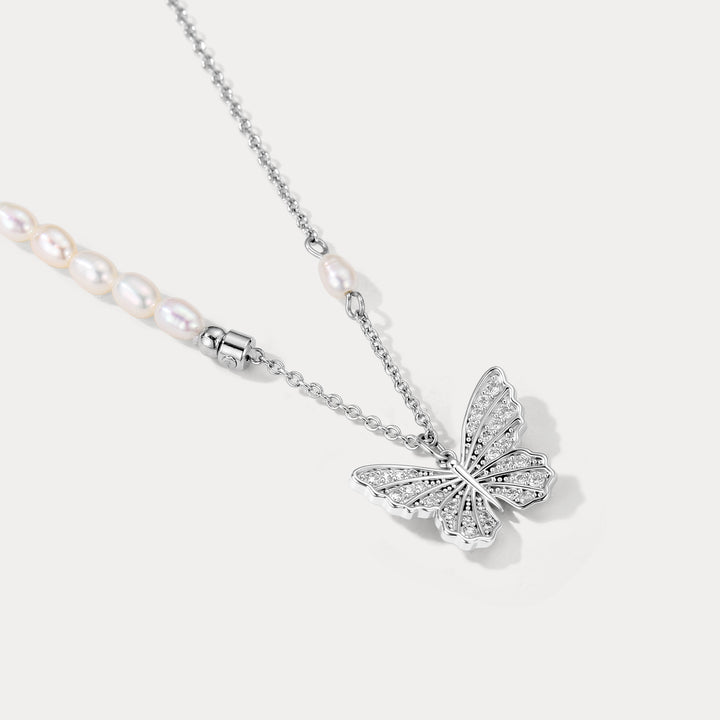 Selenichast Silver Butterfly Pearl Necklace
