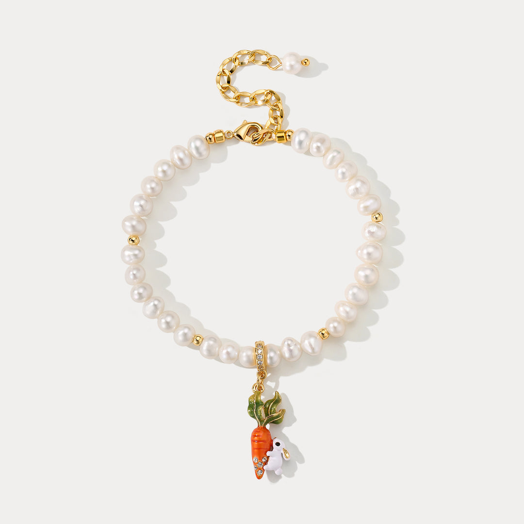 Selenichast Carrot and Rabbit Pearl Bracelet Animal Inspired Pearl Jewelry