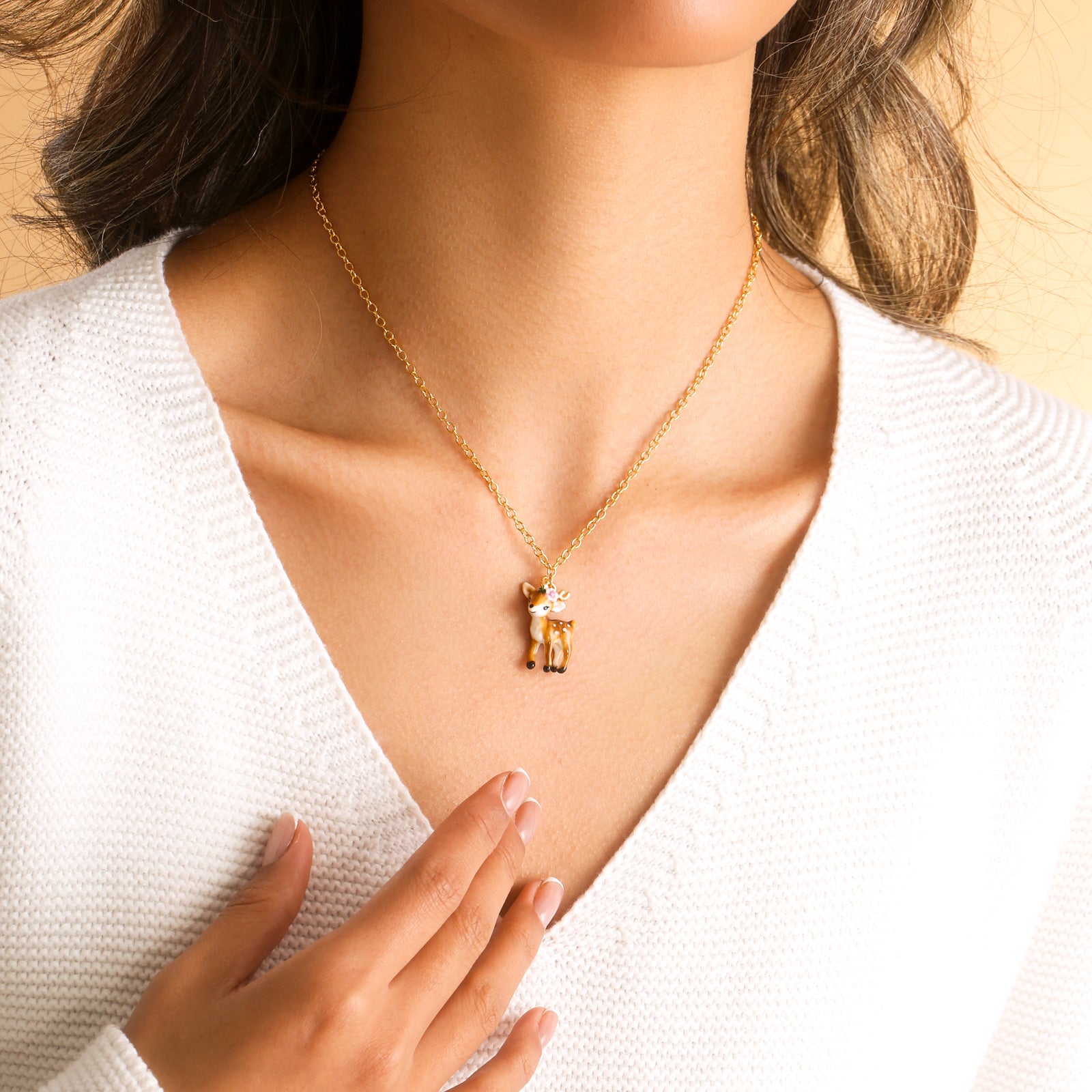 Selenichast Enamel Deer 18K Gold On Brass Pendant Necklace Animal