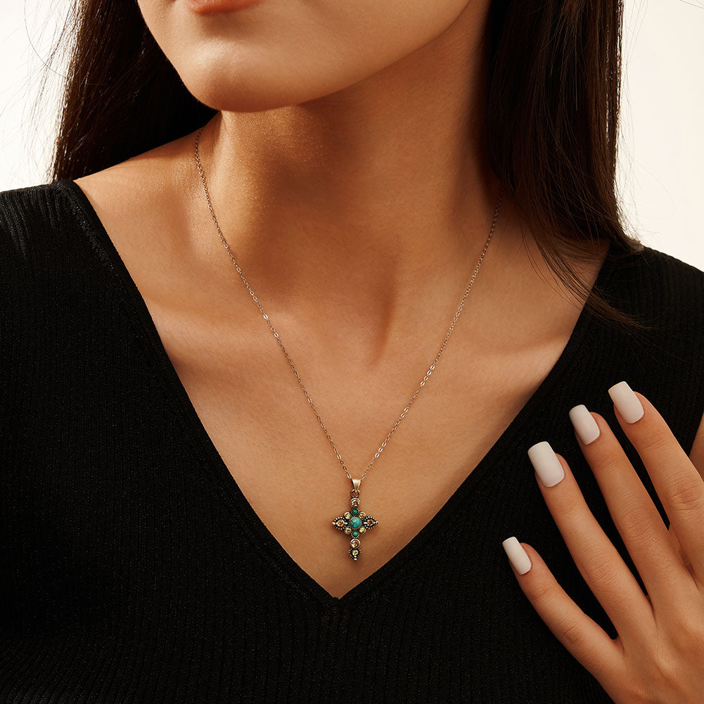 Selenichast Vintage Turquoise Cross Necklace