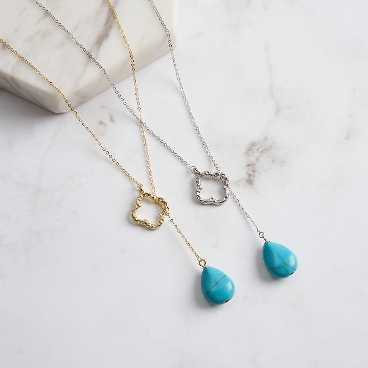 Selenichast Four-leaf Clover Teardrop Turquoise Necklace