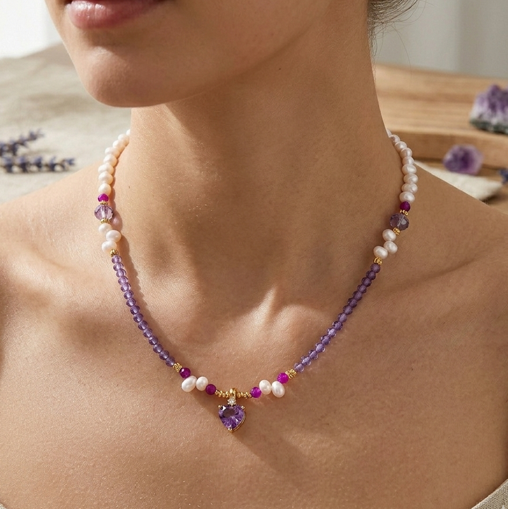 Amethyst Heart Pearl Necklace