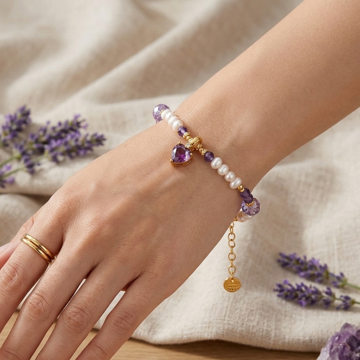 Amethyst Heart Pearl Bracelet
